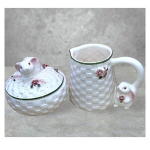 Avon Vintage 1990’s Porcelain Woven Bunny Rabbit Sugar Bowl W/ Lid & Creamer